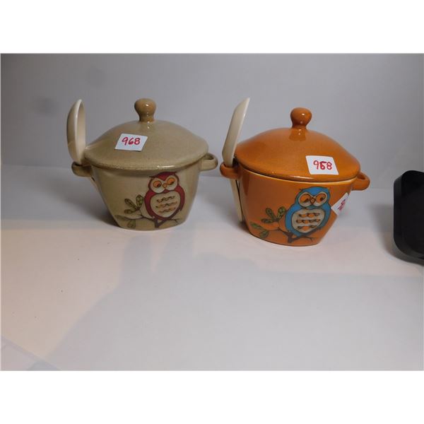 2-STOKES OWL THEMED SOUP BOWLS WITH LIDS AND SPOONS