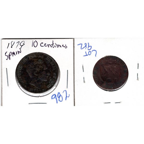 1879 SPAIN 10 CENTIMES, AND 1856D FRENCH COIN
