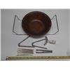 Image 1 : Vintage walnut wood salad bowl set with a metal wire stand, accompanying nutcrackers, and serving pi