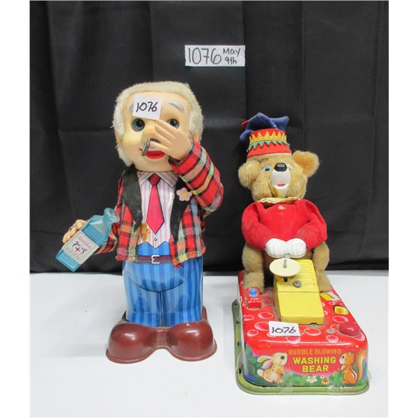 2 Battery Operated Tin Toys. Bartender& Washboard bear (As Is)