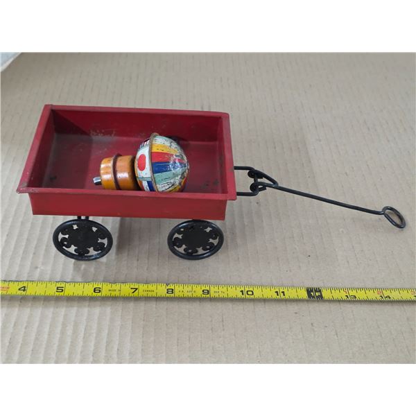 Vintage toy trailer and tin spin top