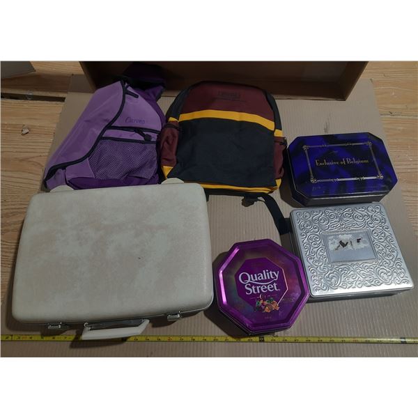 Lot of Bags, Suitcase, Tins, etc.