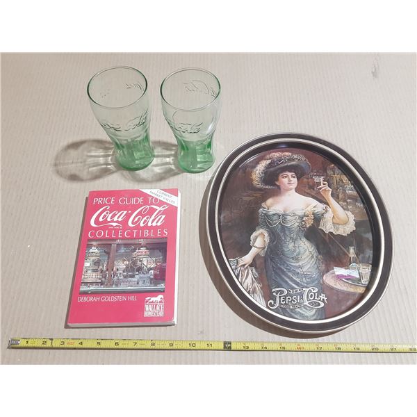 Lot of Coca Cola Items - Price Guide, Green Glasses, Tray.