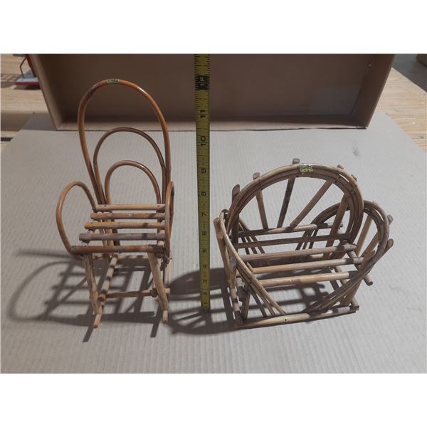 Vintage miniature rattan rocking chairs and small rattan furniture pieces, often used as decorative 