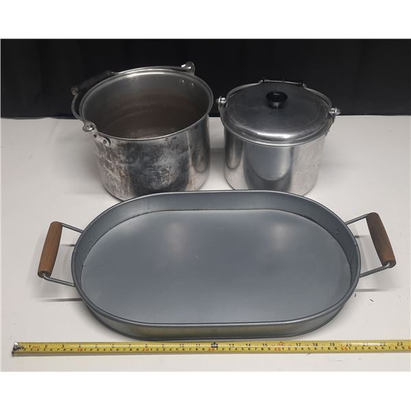 Wood Handles Tray and Two Pots.