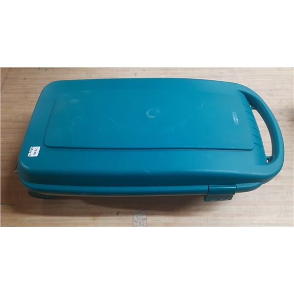 Rubbermaid storage container with a hinged lid. (32" X 17" X 10")