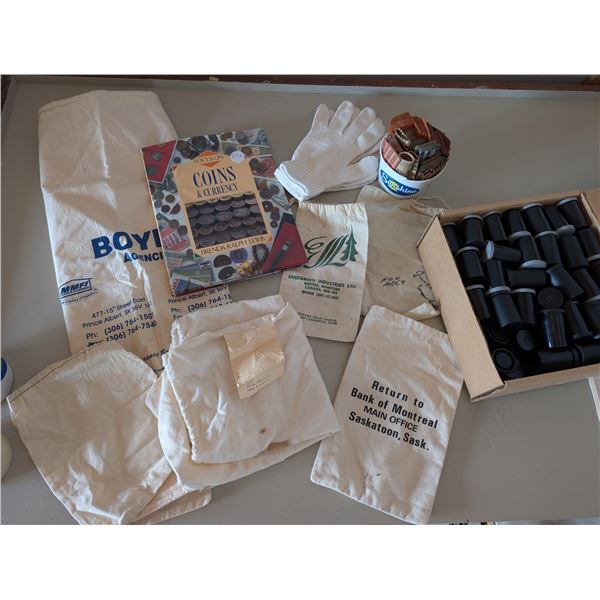 Coins & Currency Book, Canvas Bags, Box of Film Canisters