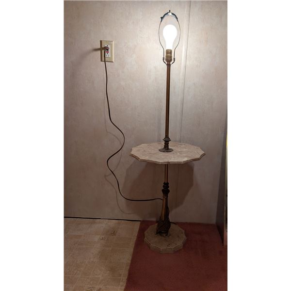Floor Lamp with Stone-like Table and Base, Brass Details
