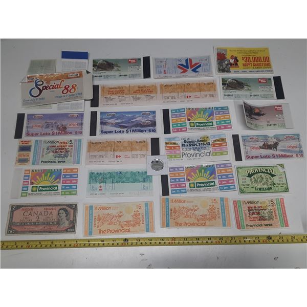 Vintage Lottery Tickets and 1954 Canada Two Dollar Bill.
