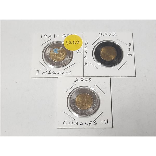 2021 Insulin (Coloured) , 2022 Queen Elizabeth II Memorial, 2023 King Charles III Canadian Two Dolla