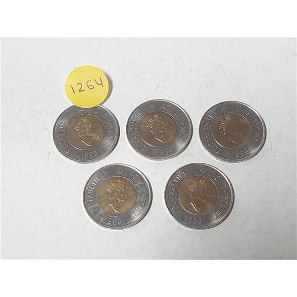 (5) 1996 Canadain Two Dollar Coins.