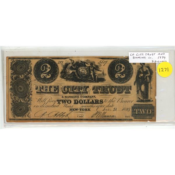 Counterfeit City Trust & Banking Company 1839 $2. This is not a real note.