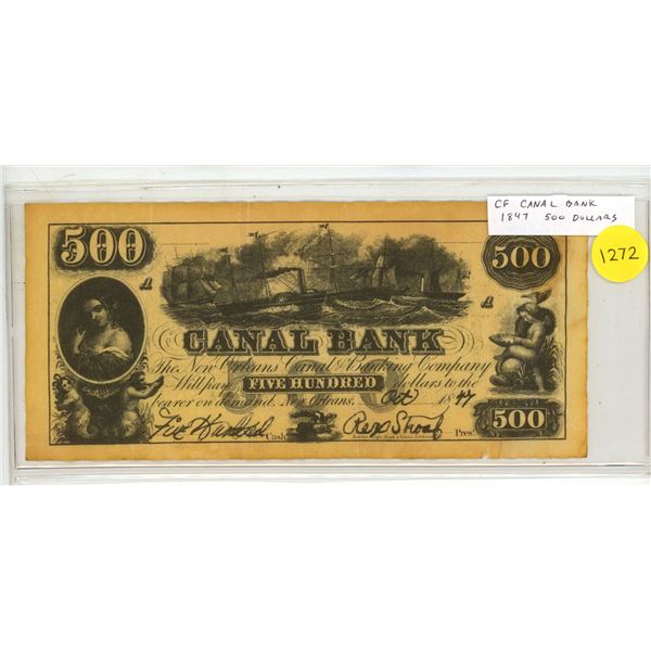 Counterfeit Canal Bank 1847 $500. This is not a real note.