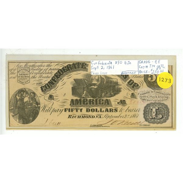 Confederate States of America 1861 $50. This is a genuine note. VF+.