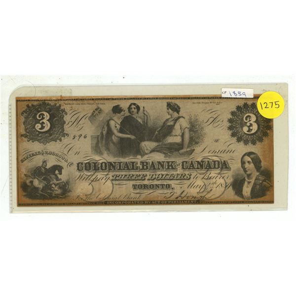 Counterfeit Colonial Bank of Canada 1859 $3. This is not a real note.
