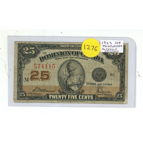 1923 25 Cents Canadian Shinplater. McCavour-Saunders signatures. Fine.