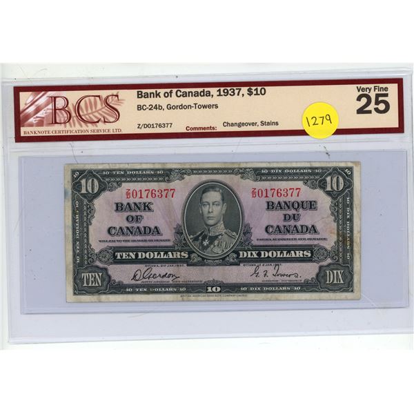 1937 $10 Bank of Canada. Gordon-Towers signatures. Z/D Prefix. BCS certified and graded VF25. Commen