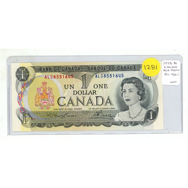 1973 $1. Lawson-Bouey signatures. ALG Prefix. BC-46a-i. Uncirculated.