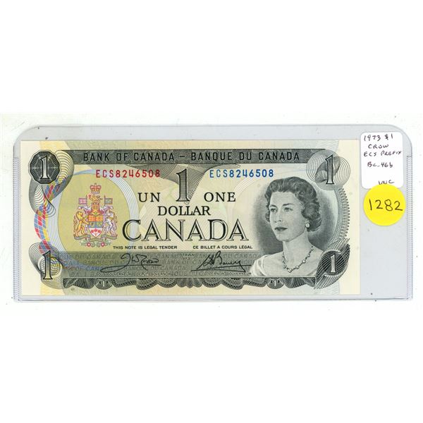 1973 $1. Crow-Bouey signatures. ECS Prefix. BC-46b. Uncirculated.