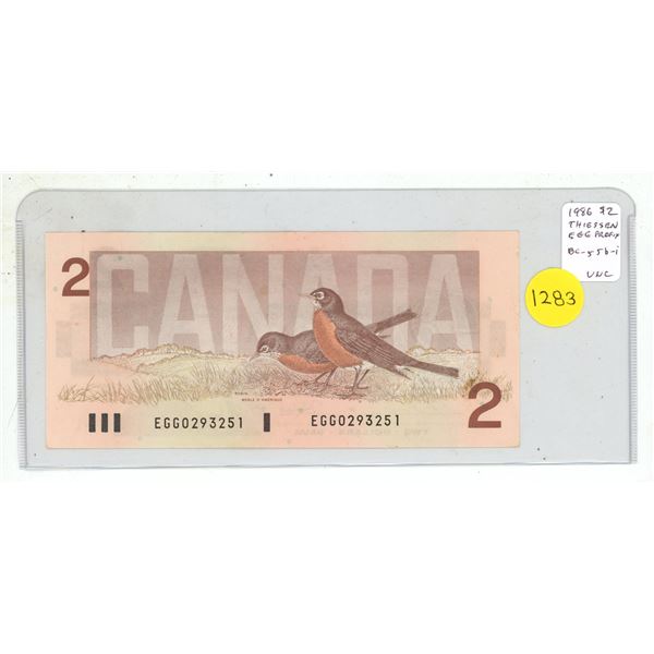 1986 $2. Thiessen-Crow signatures. EGG Prefix. BC-55b-i. Uncirculated.