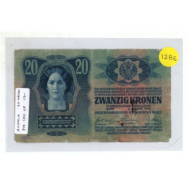 Austro-Hungarian Empire. 1913 20 Kronen. Bilingual note in both German and Hungarian. VF.