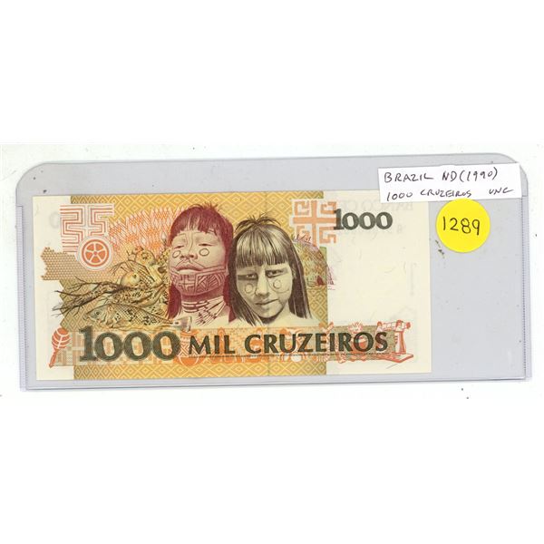 Brazil. ND (1990) 1000 Cruzeiros. Amazonian children. Uncirculated.