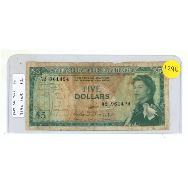 East Caribbean States. 1965 $5. Queen Elizabeth/beach scene. VG.
