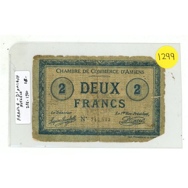 France. Chamber of Commerce in Amiens. 1920 2 Francs. VG with corners missing.