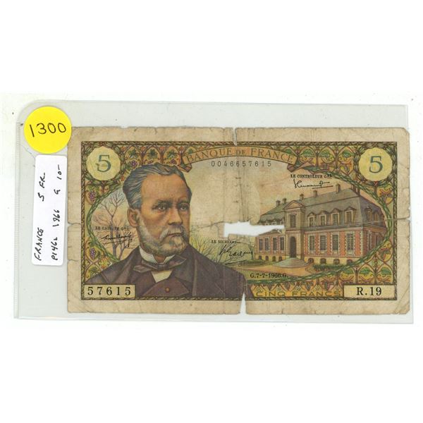 France. 1966 5 Francs. Louis Pasteur. Good with holes.