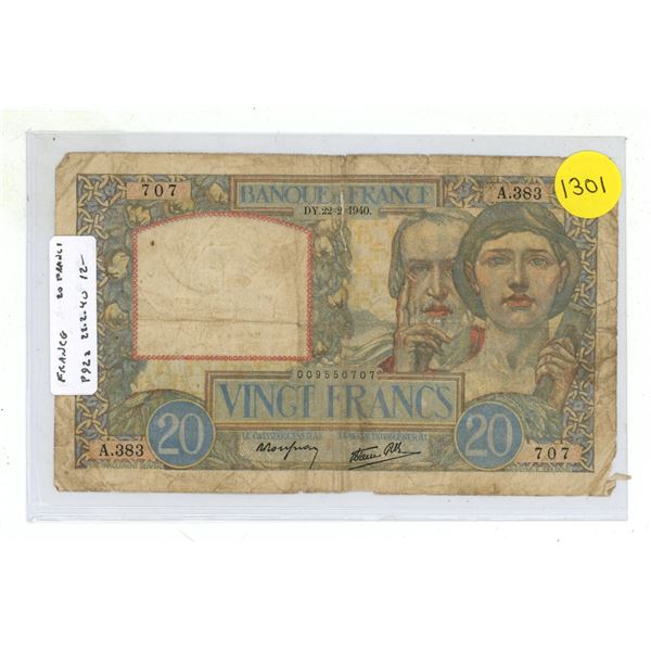 France. 1940 20 Francs. World War II issue. VG.