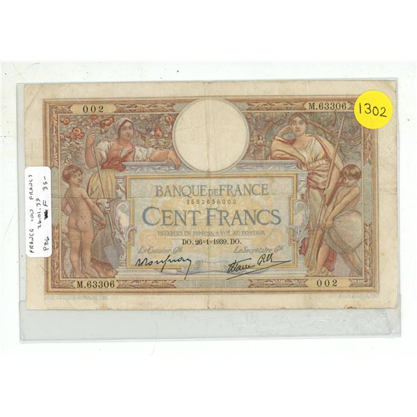 France. 1939 100 Francs. Large Denomination. Fine.