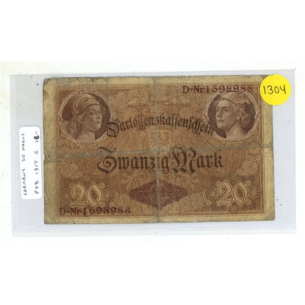 Germany – Empire. 1914 20 Mark Darlehenskassenschein. Good.