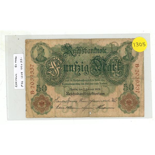 Germany – Empire. 1908 50 Mark Reichsbanknote. VG+.