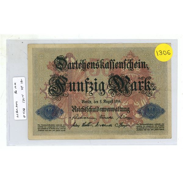 Germany – Empire. 1914 50 Mark Darlehenskassenschein. VF.