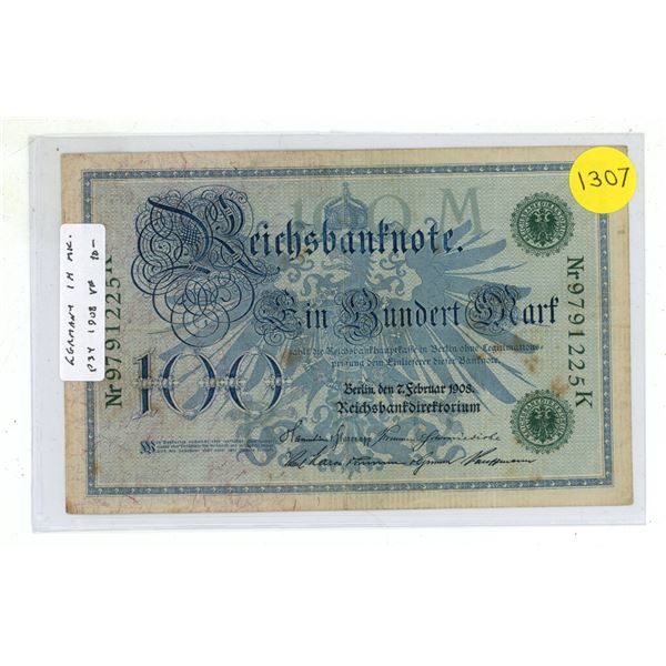 Germany – Empire. 1908 100 Mark Reichsbanknote. VF.