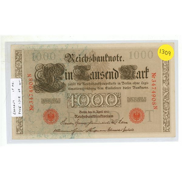 Germany – Empire. 1910 1000 Mark Reichsbanknote. Large Denomination. VF.