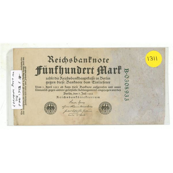Germany – Weimar Republic. 1922 500 Mark. Fine.