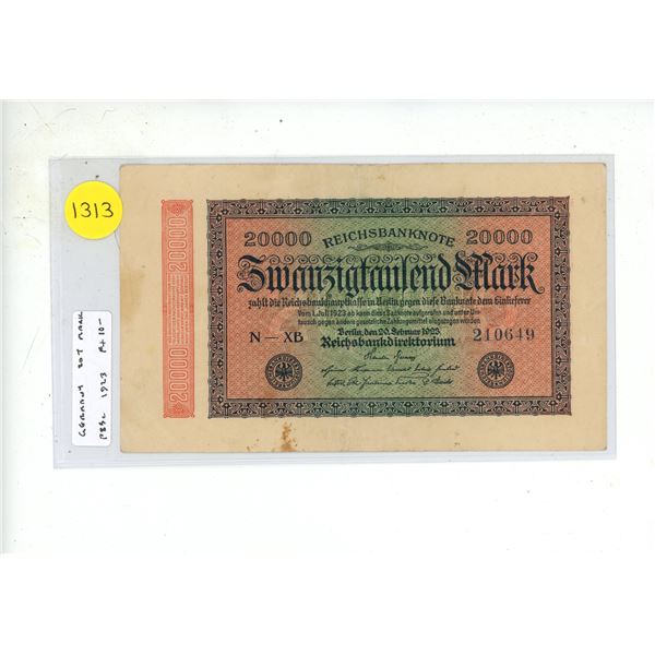 Germany – Weimar Republic. 1923 20,000 Mark. Fine+.