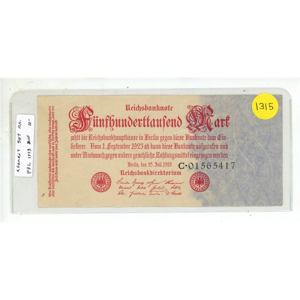 Germany – Weimar Republic. 1923 500,000 Mark. VF.