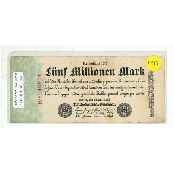 Germany – Weimar Republic. 1923 5 Million Mark. VF.