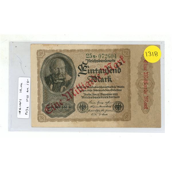 Germany – Weimar Republic. 1923 1 Milliarde (Billion) Mark Overprint on 1000 Mark. AU.