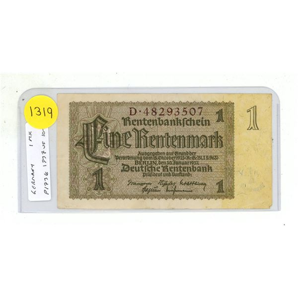 Nazi Germany. 1937 1 Mark Rentenbankschein (Stabilization Bank). VF.