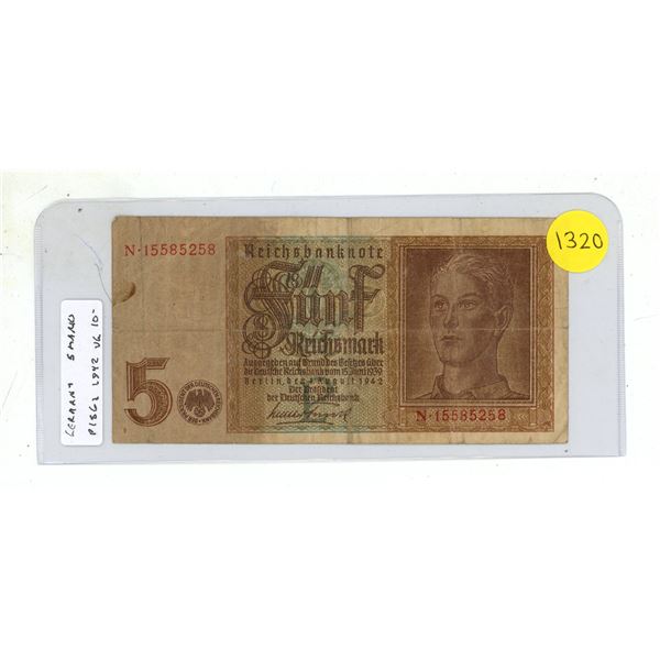 Nazi Germany. 1942 5 Reichsmark Reichsbanknote with eagle and Swastika. VG.