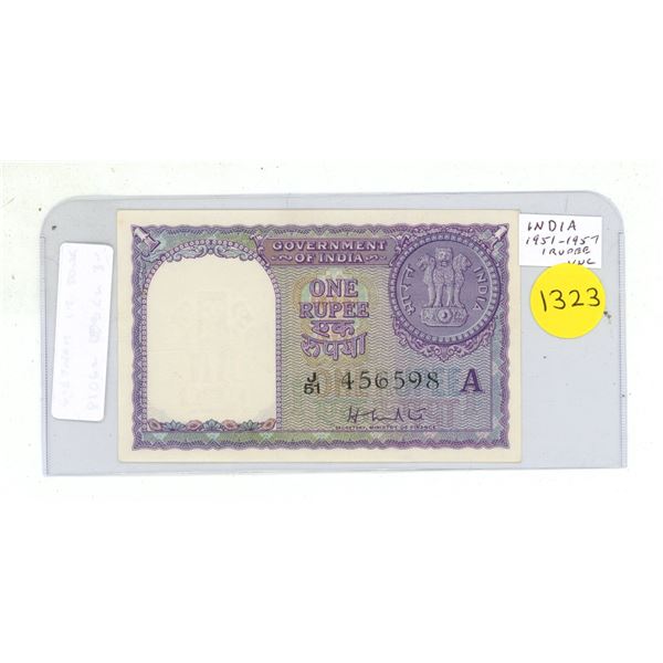 India. 1951 – 1957 1 Rupee. Note depicts Indian coins. Uncirculated.