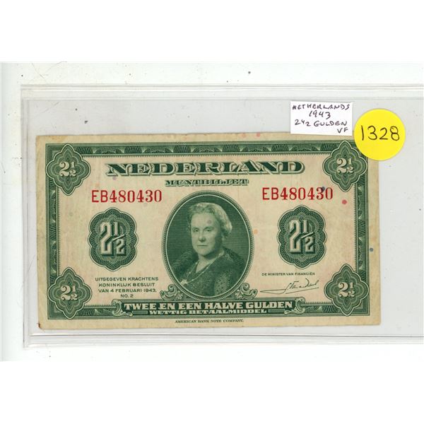 Netherlands. 1943 2 ½ Gulden. World War II issue. VF.