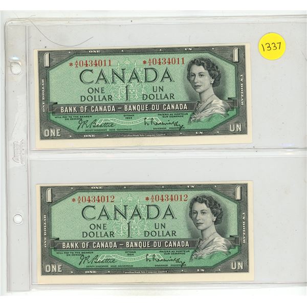 Set of 2 Consecutive Serial Number 1954 Modified Portrait $1 Replacement notes. Beattie-Rasminsky si
