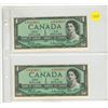 Image 1 : Set of 2 Consecutive Serial Number 1954 Modified Portrait $1 Replacement notes. Beattie-Rasminsky si