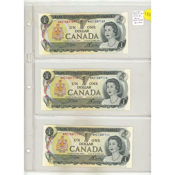 Set of 3 Consecutive Serial Number 1973 $1. Notes. Crow-Bouey signatures. AMZ Prefix. BC-46b. Serial