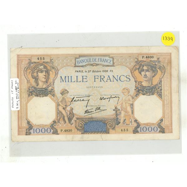 France. 1938 1000 Francs. Large Note. Large Denomination. VF.