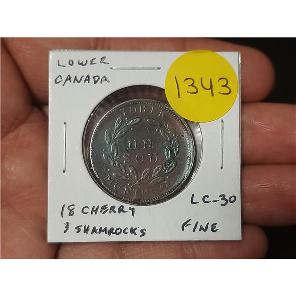 Lower Canada pre-Confederation Token. 18 Cherry Leaves. 3 Shamrocks. LC-30. Fine.